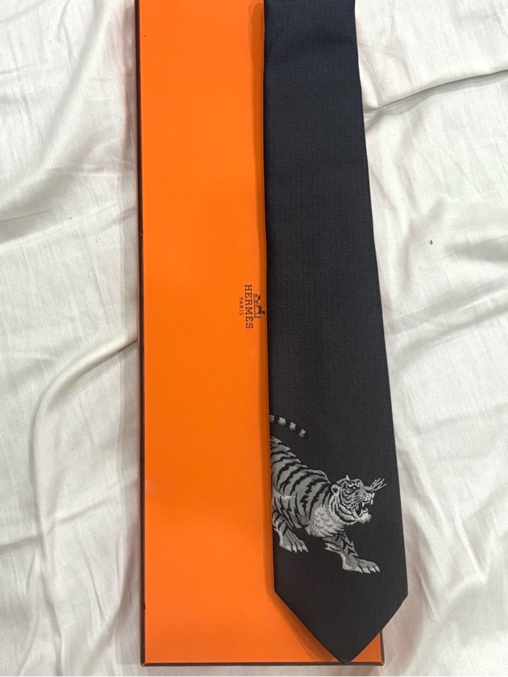 Hermès charcoal grey Silk Tie with Tiger Motif